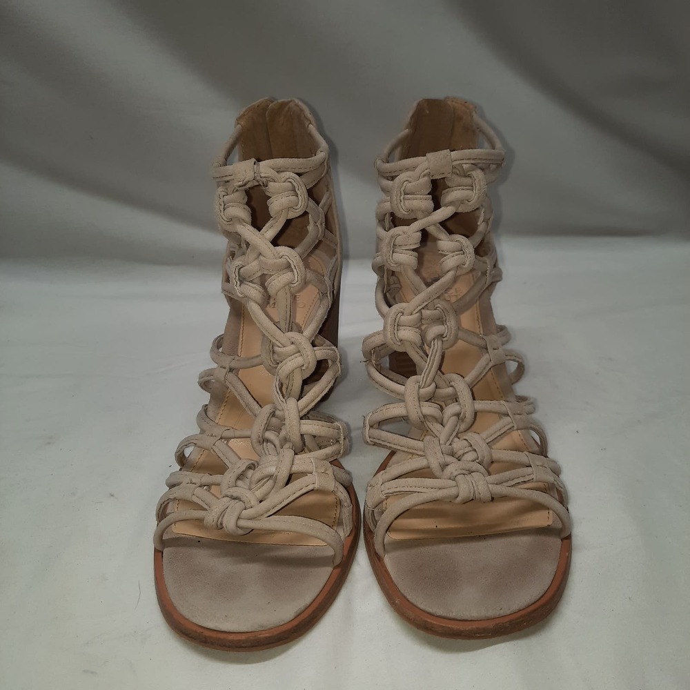 Vince Camuto Karika Tan Braided Caged Zip Back Open Toe Block Heel Sandal 7.5